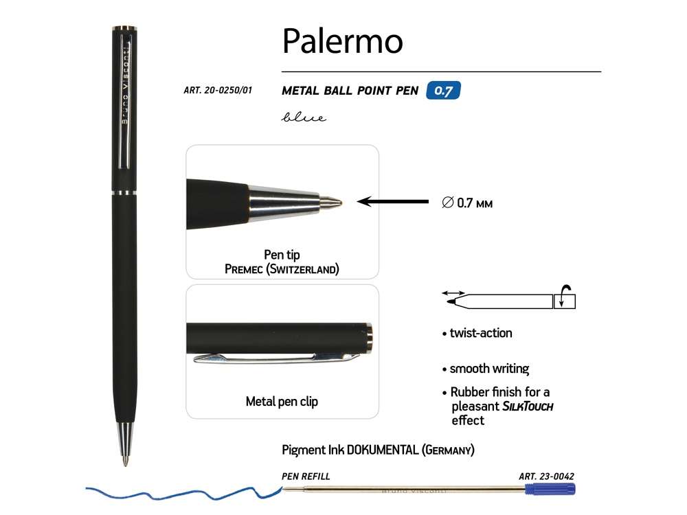 Ручка Palermo шариковая  автоматическая, черный металлический корпус, 0,7 мм, синяя